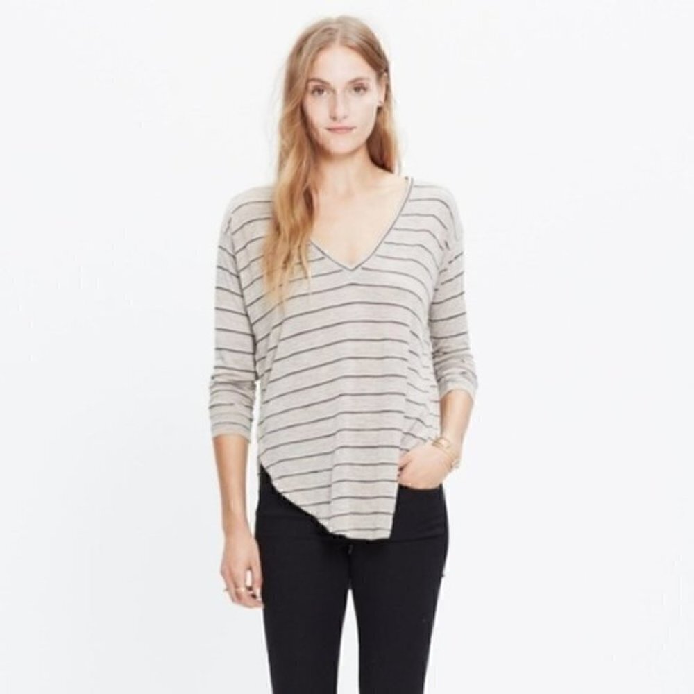 Madewell Shirt XS Anthem Long Sleeve V-Neck Stripe Basic Casual Lounge Neutral